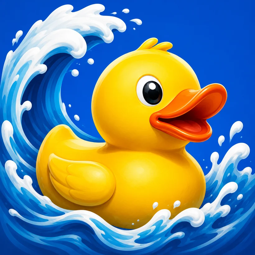 The Great Duck Race logo: a cheerful rubber duck riding a cresting blue wave